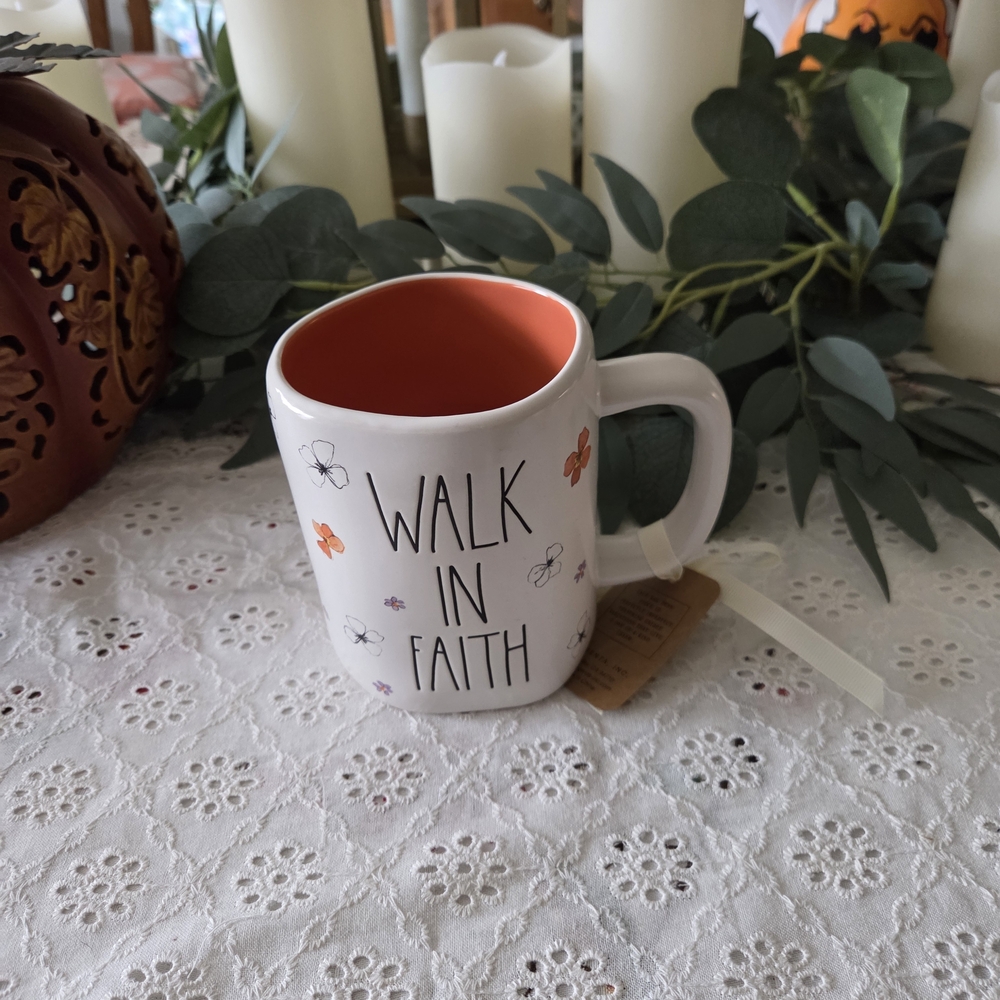 Rae Dunn White Mug with Orange Interior - Walk in Faith - Picture 2 of 4